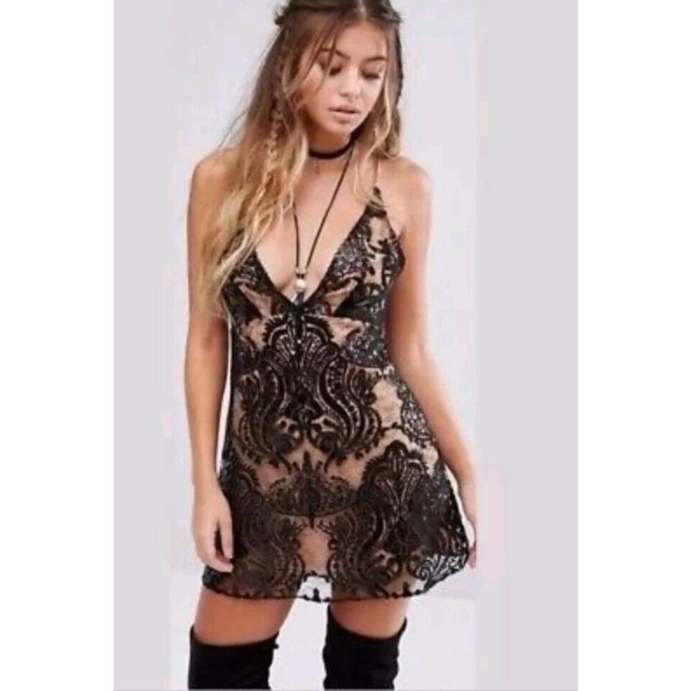 Free People 10 Women Black Sequined Lace Party Formal Night Shimmers Mini Dress - Picture 6 of 16
